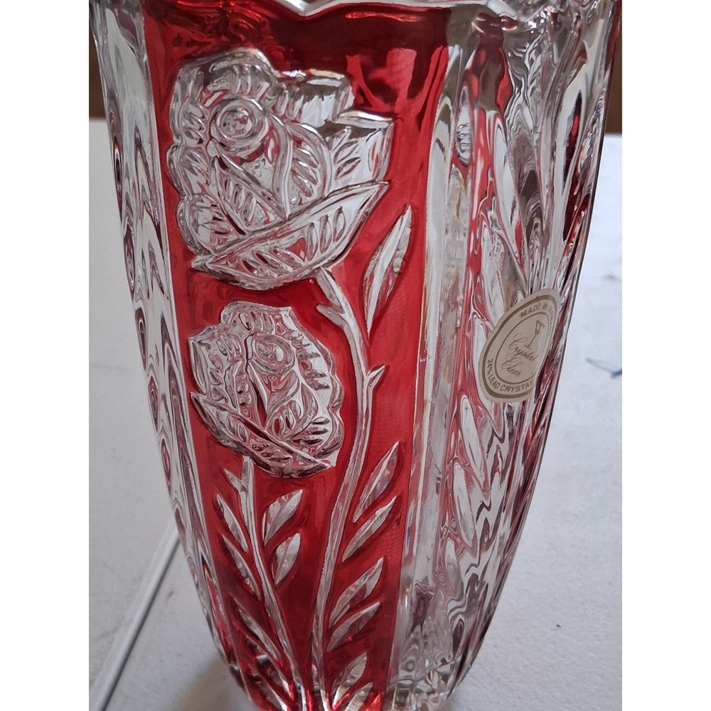 Crystal Clear Ruby Red Flashed Lead Crystal Vase Frosted Rose Germany 6.5in